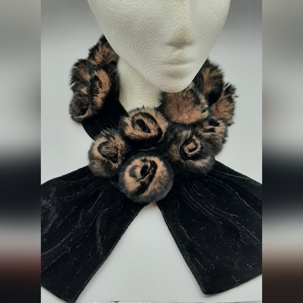 Gorgeous Women’s Scarf Black Velour with Rabbit Pom Pom Fur Accents 3' Long